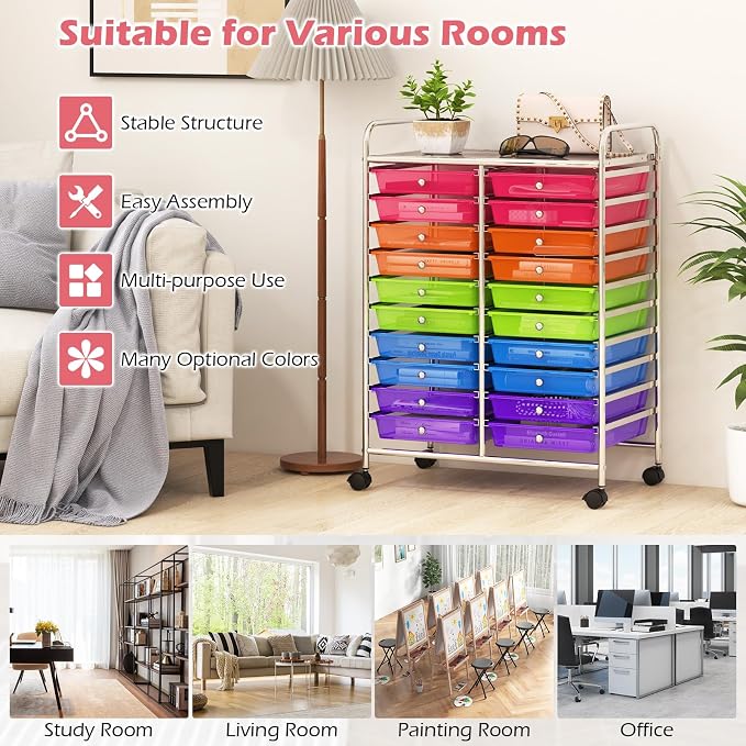 DREAMADE Rolling Cart with Storage Drawers, Utility Cart with Removable Plastic Drawers, Lockable Wheels, Art Cart for Classroom Organization Art Supplies Office Scrapbook (20 Drawers, Rainbow)