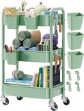 3 Tier Rolling Storage Cart Metal with Wheels, Green Baby Diaper Caddy Carts, Three Tiered Craft Cart Organizer on Wheels, Utility Roller Trolley for Art, Book, Snack, Office, Laundry, Bathroom Shelf
