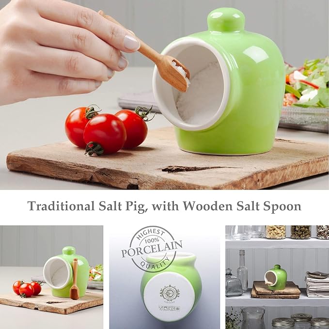 WM Bartleet & Sons 1750 T345G Traditional Porcelain Small Pig with Wooden Salt Serving Spoon-Green