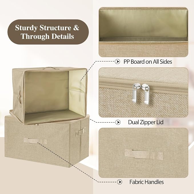 ANMINY 2PCS Storage Bins with Zipper Lids 51.9 Qt Lidded Fabric Storage Boxes Baskets Cubes with Handles Collapsible Washable Cotton Linen Closet Shelf Clothes Organizer - Beige, Extra Large