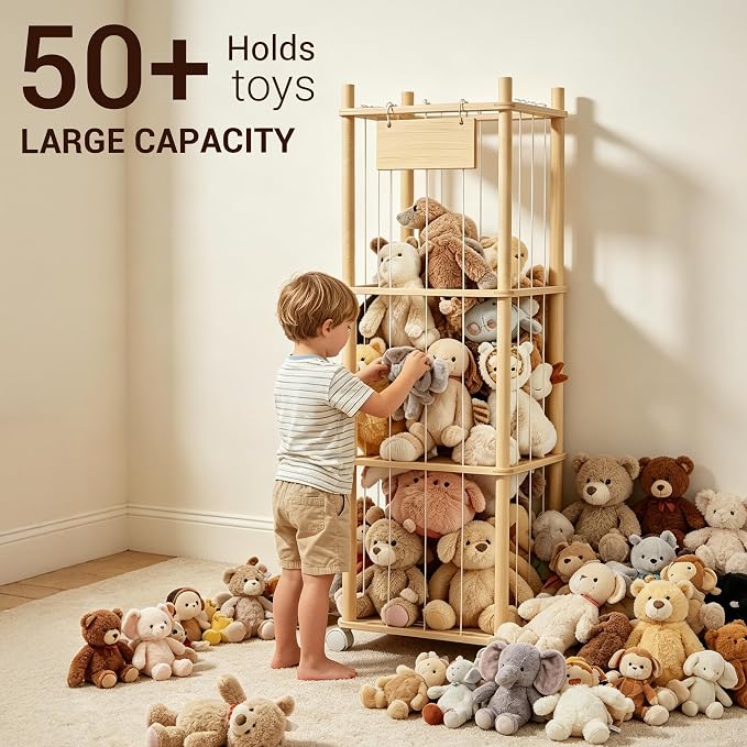 KiddoCood Kids Large Stuffed Animal Storage & Plush Toy Organizer, 54.5" H | 3 Tier Solid Wood Plush Holder, BPA-Free & Zero Glue, CPC & TIC Certified, Corner Solution for Playroom & Nursery