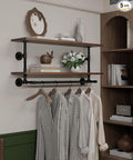 Clothes Rack 42in, Wall Mounted Garment Rack with Real Walnut Wood Shelf, Heavy Duty Hanging Clothes Rack, Multi-Purpose Hanging Rod, Space-Saving Closet Storage