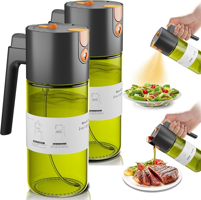 Olive Oil Sprayer & Dispenser for Cooking, 17oz Dark Glass Oil Mister, 2PC | 2-in-1 Sprayer & Pourer, Leakproof, Fine mist, Light-Blocking, Wide Mouth for Easy Refill & Clean, 8 Oil Labels, Reusable