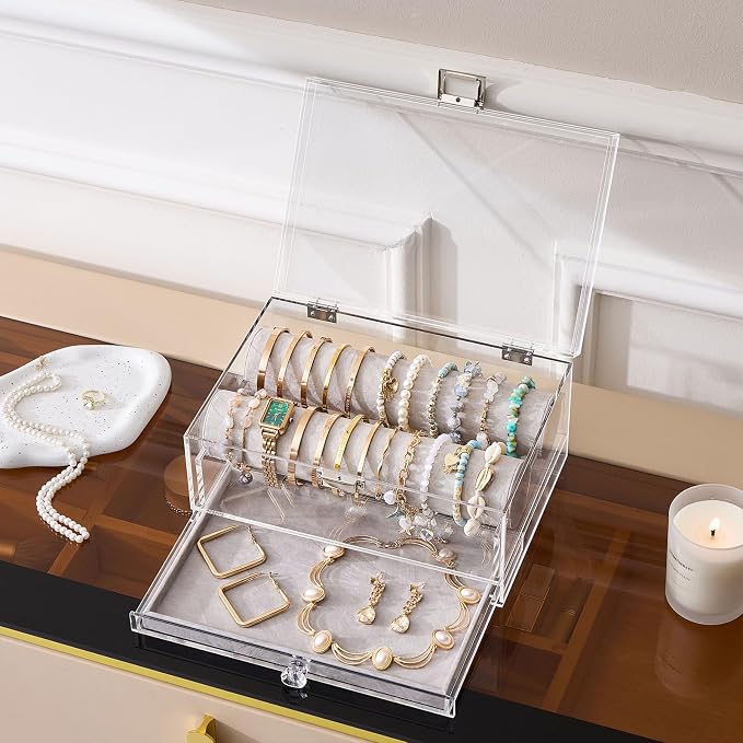 Lolalet Acrylic Bracelet Organizer Box -with Drawer | Clear Jewelry Display Holder for Bracelets, Bangles & Watches, Great Gift for Women on Birthdays, Valentine's Day