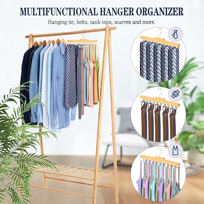 2PC Tie Rack Hanger for Closet, Upgraded Tie Holder Organizer for Men, Wood | Non Slip Neck Tie Organizer with 20 Foldable Hooks, Belt Hanger Space Saving, Fits for Tank Tops Bras Cami Scarves