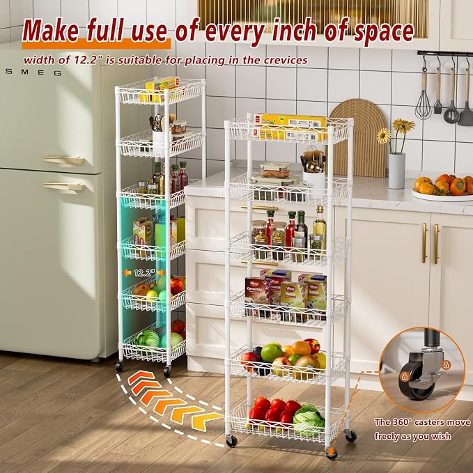 Golpart Basket Shelves Closet Rack with Wheels Metal Pantry Wire Shelf Unit | 6 tier Storage Rolling Shelving Bathroom Organizers Kitchen Garage Laundry Room Organization Home 17.2"Dx12.2"Wx63"H White