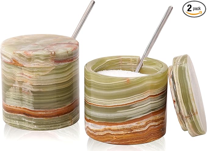 Marble Salt Cellar 3 Inch Green Salt Shakers Set for Kitchen, Salt Containers for Countertop, Sugar Bowl With Lid, Salt Holder, Spice Jars for Seasoning Storage, Salt Box
