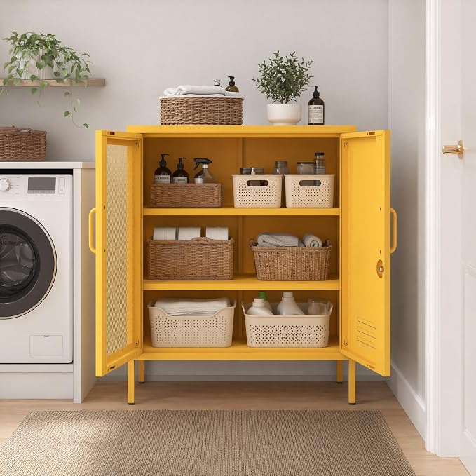 Yellow Lockable Metal Storage Cabinet, Multi-Functional Locker with Adjustable Shelf,Metal Double Door Sideboard for Kitchen Home Office Size：33" H X 29.5" W X 13.8" D