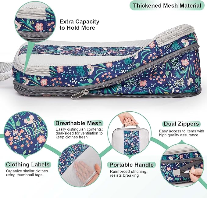 OlarHike 6 Set Compression Packing Cubes for Travel Essentials,Compressible Expandable Space Saver Bags for Organizing Clothes,Luggage Garment Bags with Over 1000 pcs Mesh Holes(Dark Blue Floral)