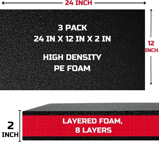 ONREVA Tool Box Foam Organizer 24x12x2 inch 3Pack, Kaizen Sheets for Pro Tool Control, Custom Tool Shadow Inserts for Cases & Drawers, High Density Polyethylene Foam, Black with Red