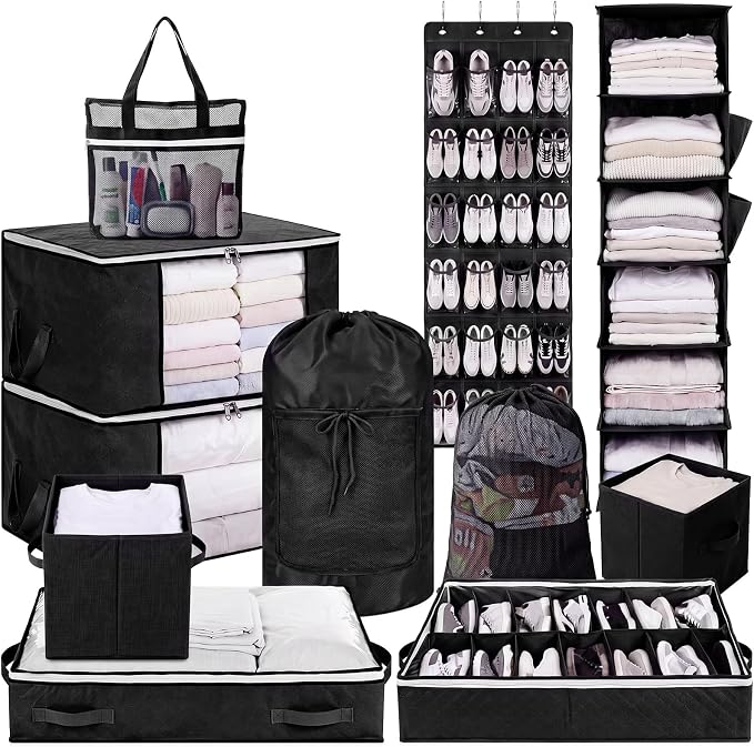 Briwooody 11 Pcs College Dorm Storage Set, Dorm Organizer Kit with Closet Organizer, Over Door Shoe Rack, Under Bed Storage Bags, Laundry Backpack, Shower Caddy, Collapsible Bins(Black)