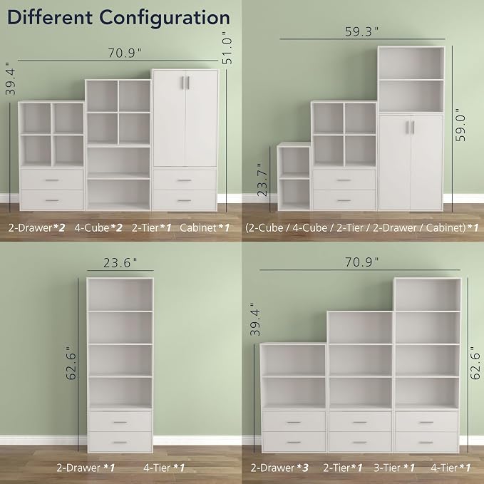 Homes: Inside + Out Apexa 3-Cube Storage Organizer Shelves, Stackable Wood Bookcase Fits Cubby Bins for Organization, Dorm Teen Room Decor & Home Office, White