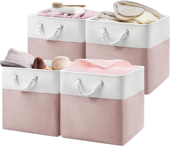 Patvingot 13x13x13 Cube Storage Bins,4 Pack Large Foldable Fabric Storage Cubes with Handles for Organizing Home, Closet, Shelf, Office(White&Pink)