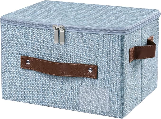 ANMINY Small Fabric Storage Box Bins with Zipper Lid, Washable Blue | Cotton Linen Fabric, PP Board Frame, Label Holder, Stackable & Foldable, PU Handles, Dual-Zipper 3-Side Open Lid