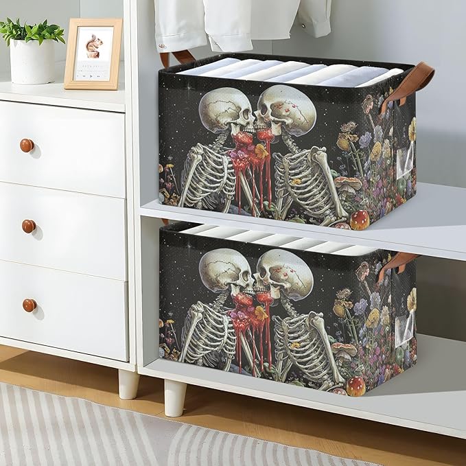 Black Skeleton Gothic Storage Bins for Shelves with Labels&Handles Halloween Organizer Bin Foldable Rectangle Storage Basket Black Goth Skull Boxes for Closet, Bathroom, Home, Living Room, Laundry