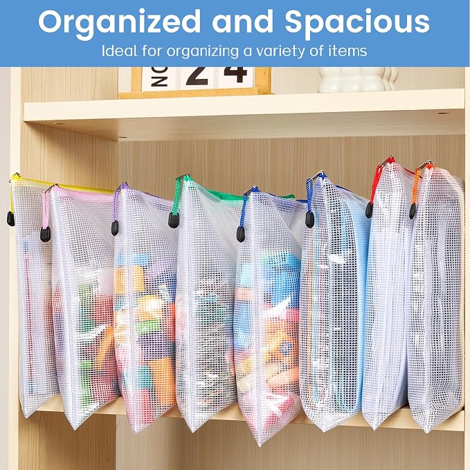 Sooez 36 Pack Mesh Zipper Pouch with Sticky Labels, A4 Mesh Bags, Sturdy Letter Size File Folders Organizer, Office School Classroom Teacher Supplies, Toy Storage Bag Board Game Puzzles Organization