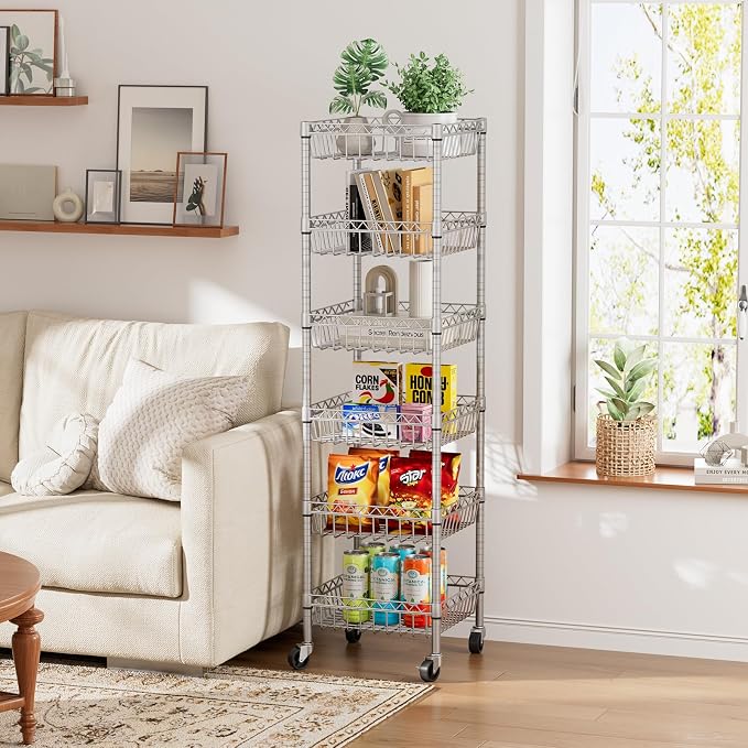 Golpart Basket Shelves Closet Rack with Wheels Metal Pantry Wire Shelf Unit | 6 tier Storage Rolling Shelving Bathroom Organizers Kitchen Garage Laundry Room Organization Home 13.6"Dx13.6"Wx63"H Grey