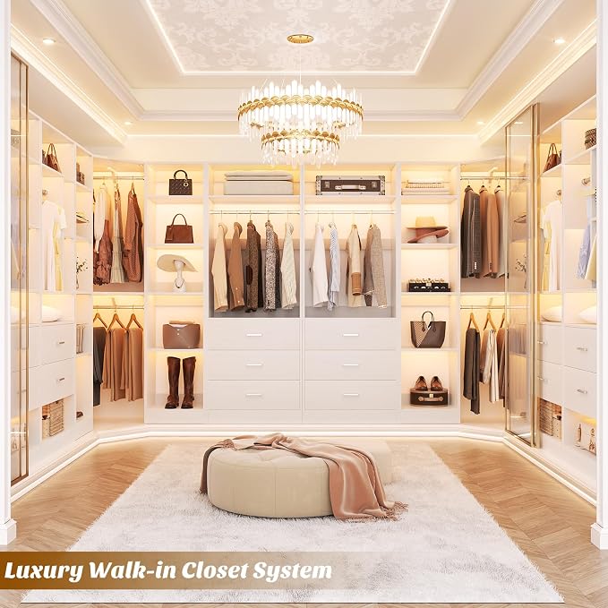 Besiost Corner Closet System with 3 Drawers, Corner Closet Organizer System with 13 Shelves & 3 Hanging Rods, 63.2"L * 39.2"W Reversible L Shaped Walk-in Closets, Load 2000+LBS, White