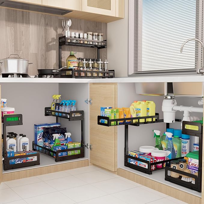 Under Sink Organizer 2 Pack, Metal Large Capacity 2-Tier Sliding Cabinet Storage Rack, Heavy-Duty Rust-Resistant Steel Frame, Holds 50 lbs Each, Adjustable Height 12–16", 14"D x 11"W for Home, Black