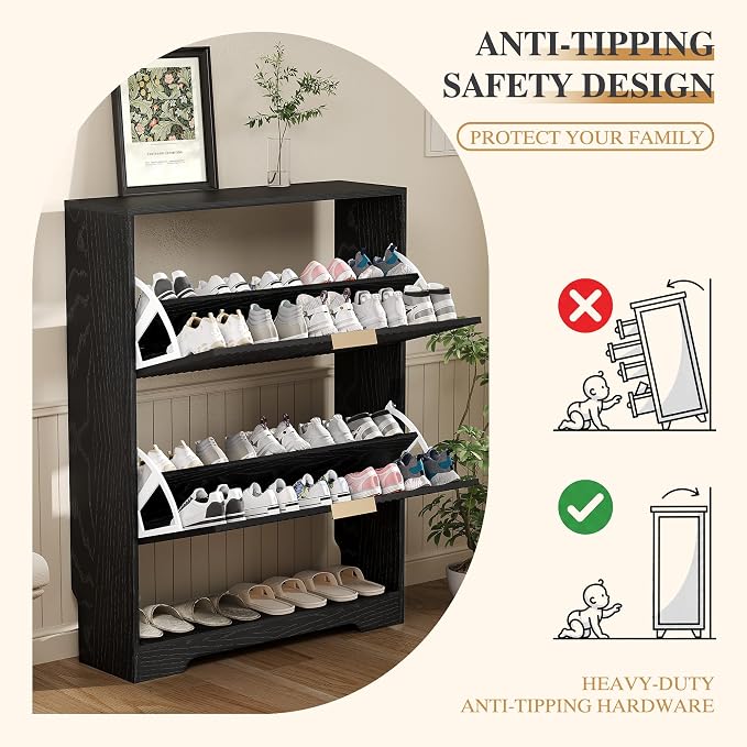 Garvee Shoe Storage Cabinet with 2 Flip Drawers,Slim Fluted Shoe Rack Cabinet with Open Storage,Wooden Hidden Shoe Rack Freestanding Narrow Shoes Organizer for Hallway, Entrance,Foyer,Black