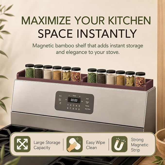 Magnetic Stove Top Shelf 30 Inch – Walnut Finish Over the Stove Shelf for Flat Top Stoves, Bamboo Wooden Stove Shelf, Strong Magnetic Spice Rack Organizer, No Drilling