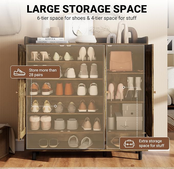 Shoe Cabinet with 3 Doors and Adjustable Shelves, Large Shoe Storage Cabinet for 24–30 Pairs, Modern Farmhouse Shoe Organizer with Open Bottom Shelf for Entryway, Living Room, Rustic Brown