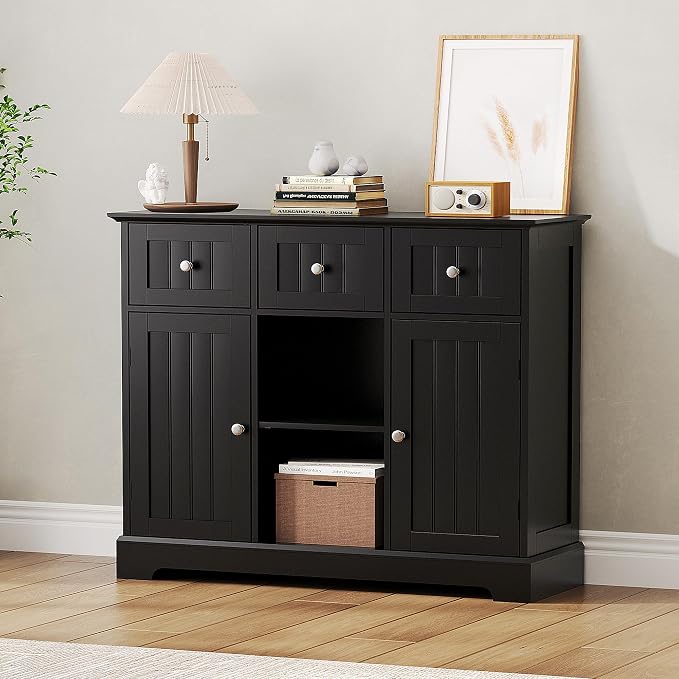 ChooChoo 35.4" Coffee Bar Cabinet with 3 Drawers and 2 Doors, Black | Buffet Cabinet with Adjustable Shelves, Storage Cabinet for Compact Kitchens, Dining rooms and Living rooms