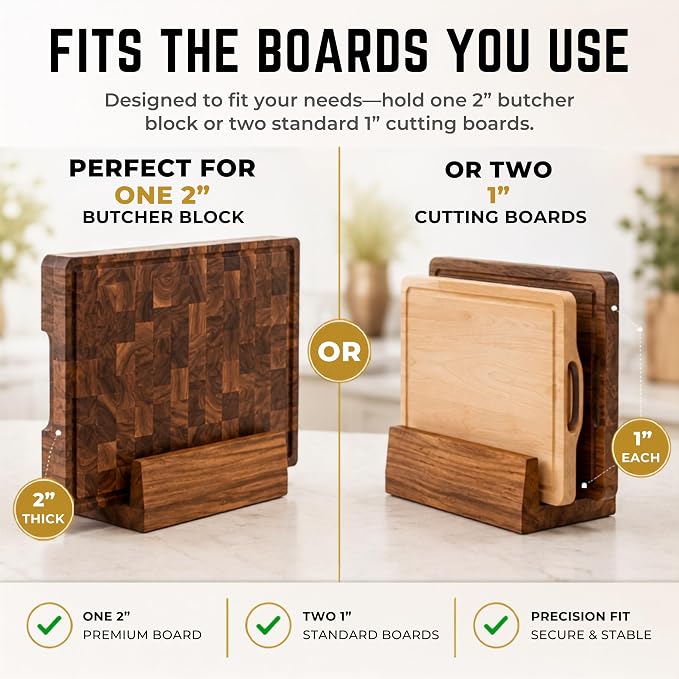 SHUMARU Cutting Board Holder for Countertop - Solid Hardwood Stand for Premium Butcher Blocks - Fits One 2" Thick or Two 1" Cutting Boards - Heavy-Duty Kitchen Organizer with Anti-Tip Rear Support