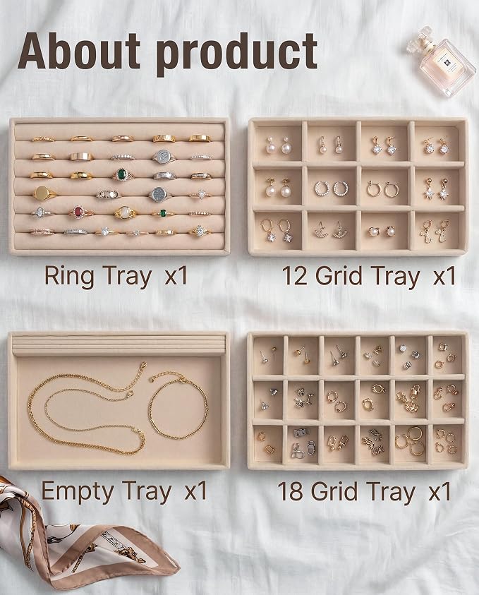 Velvet Jewelry Organizer Trays Set of 4,8.3"x4.9"x0.9",Stackable Storage Drawer Organizers Trays for Earring Ring Necklace Jewelry Display Case(4 Set,Beige)