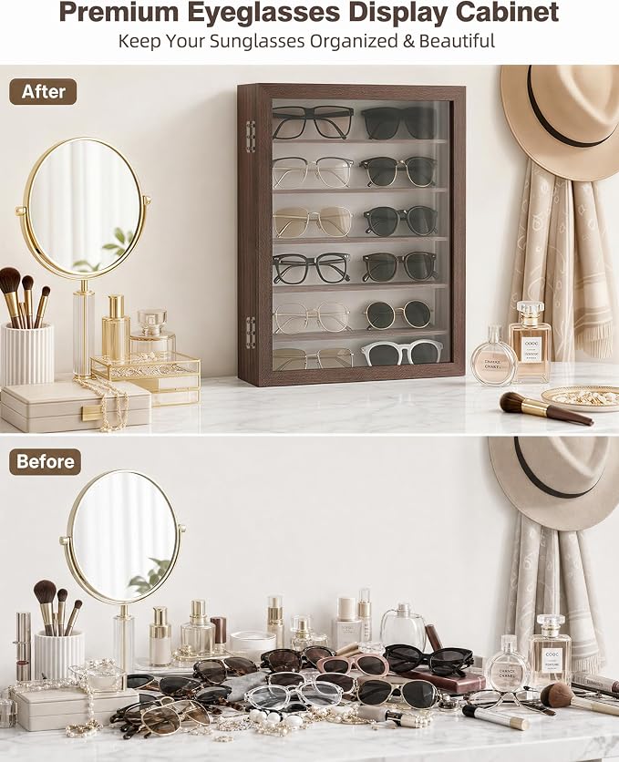 TJ.MOREE Sunglass Organizer Wall Mounted Glasses Holder Display Case 6 Tier | 13 x 15.6 inches Wooden Storage Box for Multiple Pairs Eyeglasses Sports Sunglasses