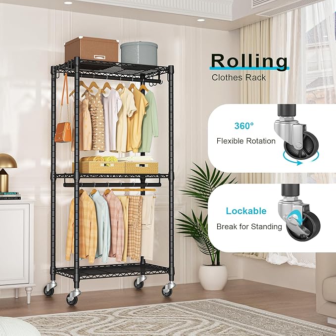 FUTASSI P3 Mini Rolling Clothes Rack, Clothing Racks for Hanging Clothes, Heavy Duty Garment Rack with Wheels, Freestanding Portable Closet Racks 23.6'' W x 14'' D x 78.5'' H, Max Load 430 Lbs, Black