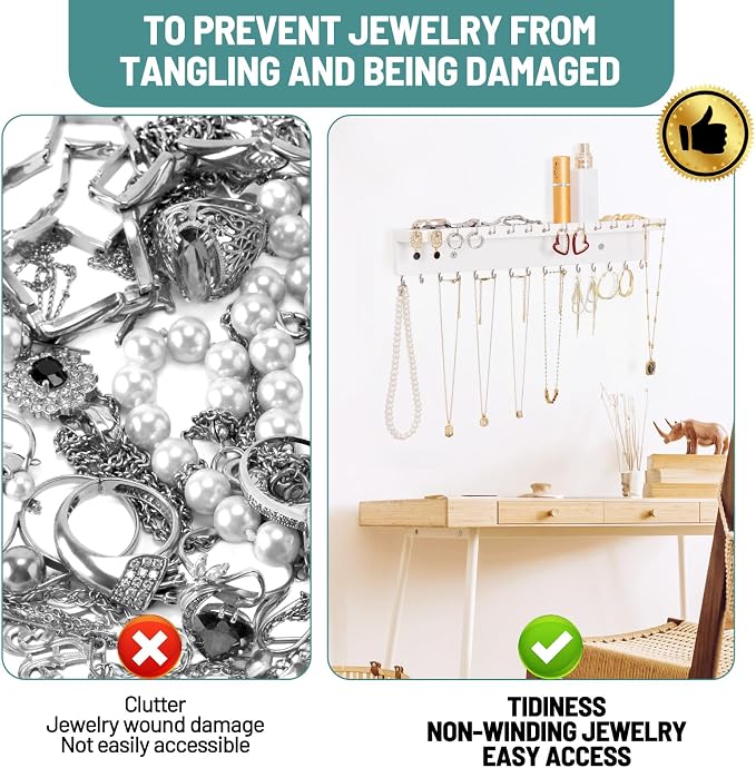 Necklace Holder Organizer Wall Mount,Jewelry Holder Organizer with 30 Hooks,Oak Jewelry Organizer and Storage for Necklaces,Bracelets and Rings (White)