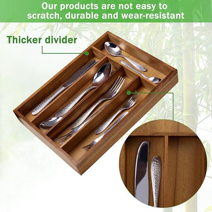 Greenual Acacia Wood Silverware Organizer 10 In Utensil Organizer Silverware Tray for Drawer Cutlery Flatware Organizer for Kitchen 2 Pack