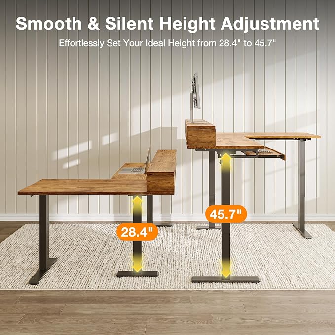 Casaottima 59" L Shaped Electric Standing Desk with Drawers, Rustic Brown | Monitor Stand, Keyboard Tray, Fabric Drawer, Power Outlets, Height Adjustable Corner Stand Up Desk for Organized Home Office