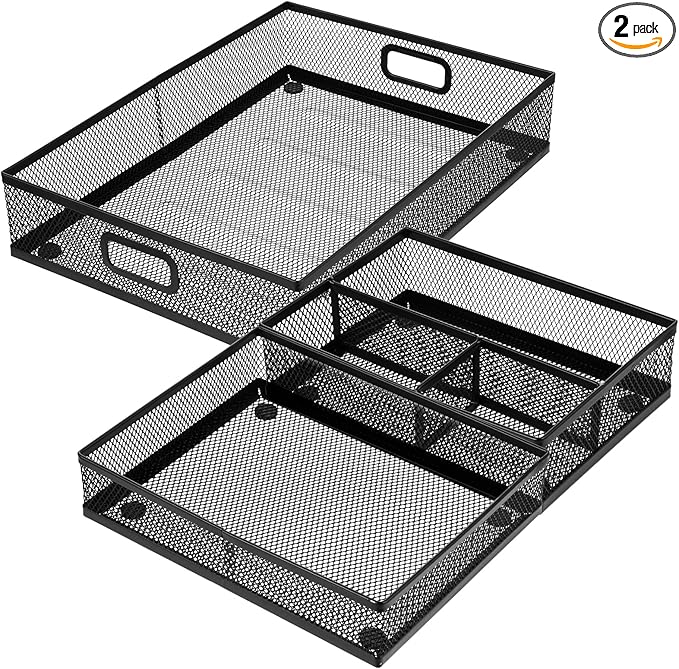Desk Drawer Organizer, Office Drawer Divider Organizer Tray 3 Pack, Metal Mesh Desktop Organization and Accessories for Stationery Makeup Kitchen Toolroom Office