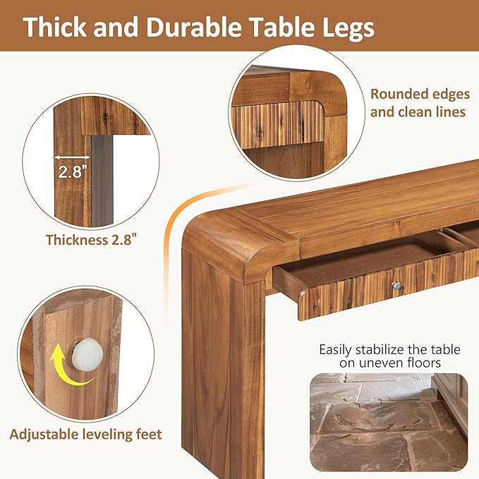 Modern Curved Entryway Console Table 54.3-Inch Farmhouse Rustic Sofa Entry Table Fluted Accent Tables with Storage Drawers for Living Room Hallway Furniture, Brown
