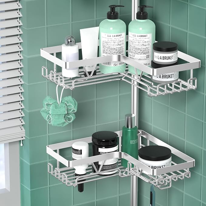 DAOYA Shower Caddy Tension Pole - Corner Shower Shelves with Soap Holder Bathroom Shower Organizer for Tub (Stainless Steel, Silver, Floor to Ceiling 25-114.2 inch)