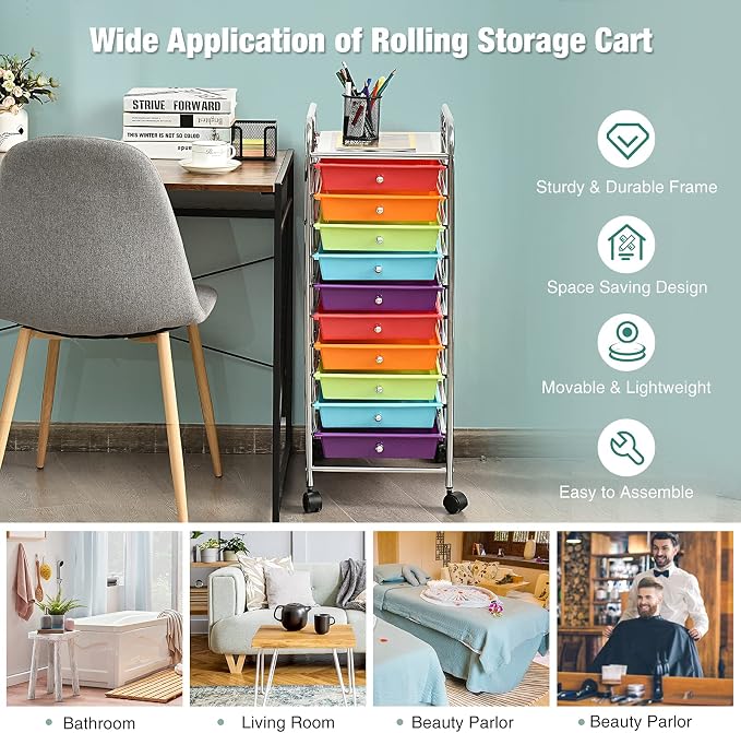 LDAILY 20-Drawer Rolling Storage Cart, Rolling Storage Cart, Storage Organizer on Wheels, Metal Frame, Scrapbook Paper Tools, Suitable for Office School, Classroom (Multicolor, 10 Drawer)