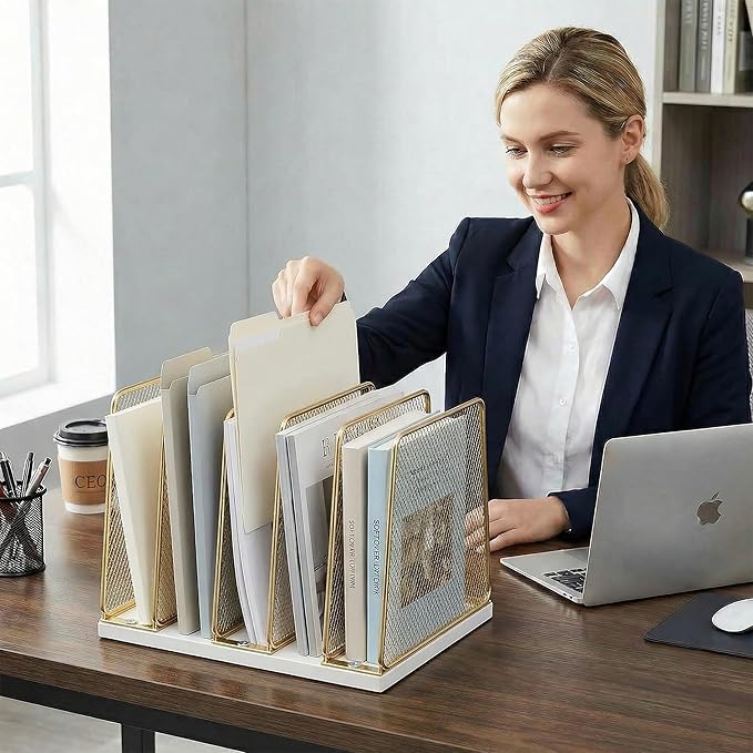 5-Section Vertical File Organizer for Desk, Gold | Sturdy Wood Base, Metal Mesh, Desktop File Holder, Upright Paper Folder Sorter