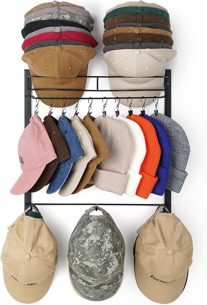 Hat Rack, Metal 3-Tier Wall Organizer Holds Up to 45 Caps with 10 Clips | 3-tier wall rack stores 45 baseball caps. 10 removable clips organize hats, scarves, sunglasses and small accessories