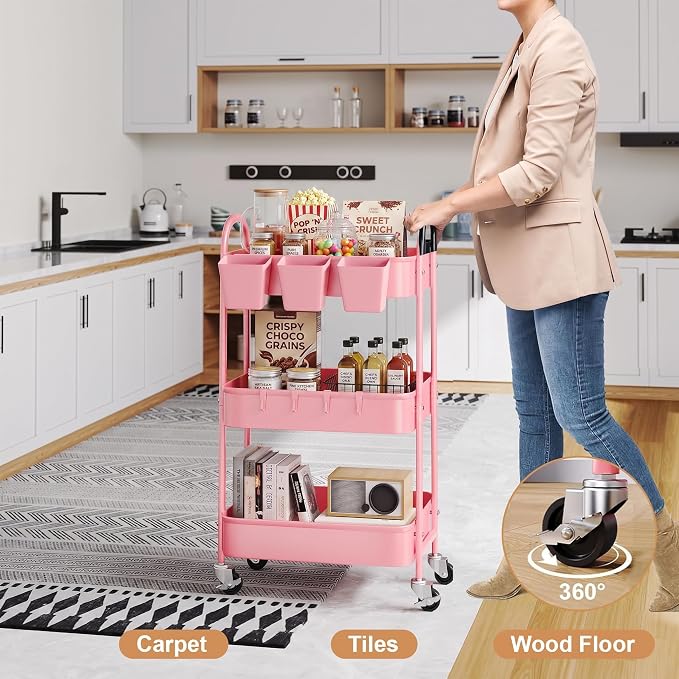 3 Tier Metal Rolling Cart with Lockable Wheels and Handle, Three Tiered Pink Trolley Cart on Wheels, Utility Storage Organizer for Bathroom, Kitchen, Teachers, Art, Crafts, Baby Diaper, Snack, Nail
