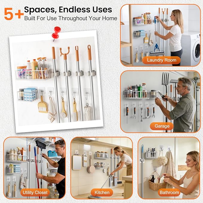 11 Pack Broom Holder Wall Mount Self Adhesive,Broom and Mop Organizer Wall Hanging with Cleaning Supplies Organizer and Utility Hooks Grippers,Broom Hanger Storage Rack for Closet Cabinet Laundry Room