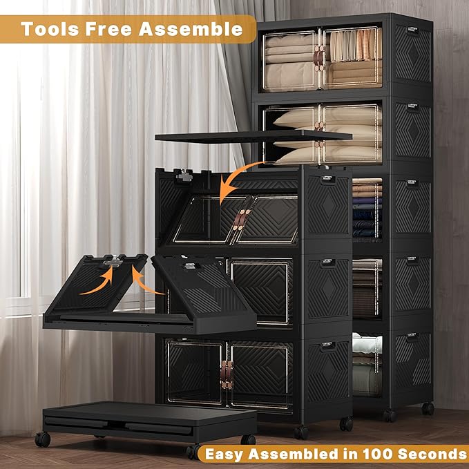 UAMFURI Extra Large Stackable Storage Bins with Lids & Wheels, Foldable Collapsible Closet Organizers Dark Storage Cabinet with Doors for Bedroom Dorm