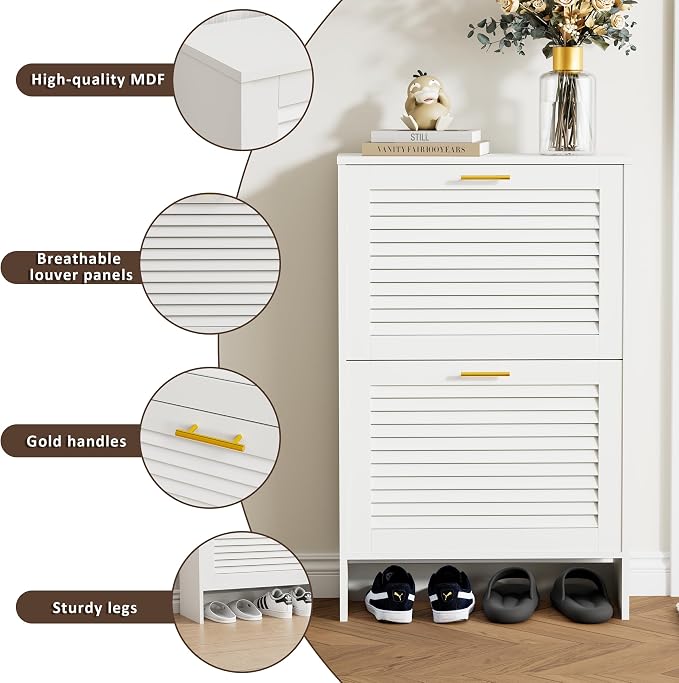 Narrow Shoe Cabinet Storage for Entryway, White | Freestanding Shoe Organizer with 2 Flip Drawers, Louvered Doors, Anti-tip Device, Modern Show Rack