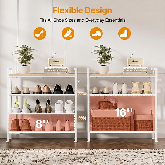 4 Tier Shoe Rack, Shoe Rack for Entryway with Hook, Shoe Organizer with Adjustable Mesh Shelves, Metal Shoe Storage, Closet, Bedroom Living Room Garage