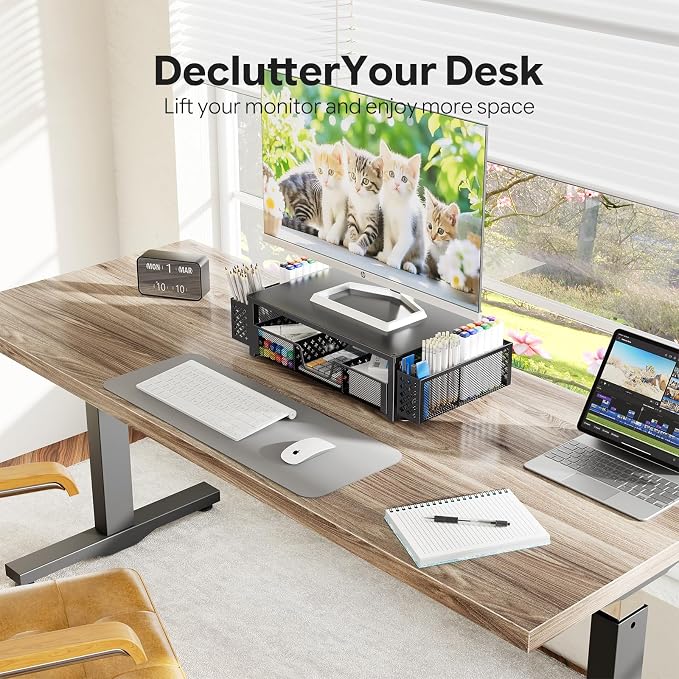 Simple Trending Desk Organizer and Accessories, 2-Tier Computer Monitor Stand Riser with Drawer & 2 Pen Holders, Office Desk Accessories & Workspace, Laptop & Printer Stand for Desktop, Black