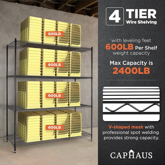 CAPHAUS 4-Tier Commercial Grade Heavy Duty Adjustable Height Wire Shelving w/Wheels & Leveling Feet, Storage Metal Steel Shelf, Garage Shelving Storage, Utility Wire Rack Storage Shelving Unit, 60" W