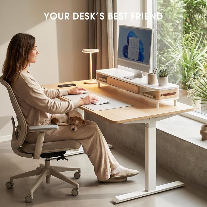Fenge Dual Monitor Stand with Large Storage Drawer, 42.5" Dsek Shelf, White | Slide-Out Drawer, Ergonomic Monitor Riser, Aluminum leg, 2-Tier Desk Organizer for Laptop, TV, PC