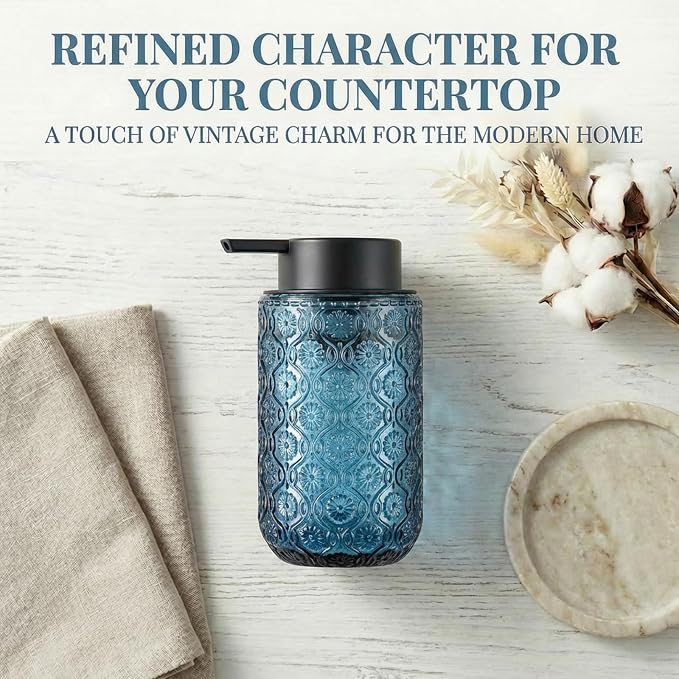 Blue Glass Liquid Hand Soap Dispenser with Matte Black Pump Thick Embossed Bottle Refillable for Bathroom and Kitchen Decor 13.5 oz