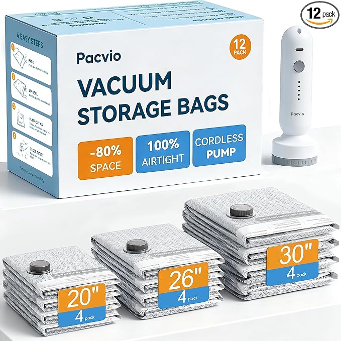 Travel Vacuum Storage Bags with Electric Pump, Airtight Space Saver Vacuum Seal Bags for Clothes and Luggage Packing, Small Medium Large Compression Bags for Blankets, 12 Pack